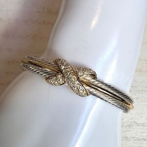 Two Tone Cable Cuff Bracelet Gold Silver Crystal X Knot